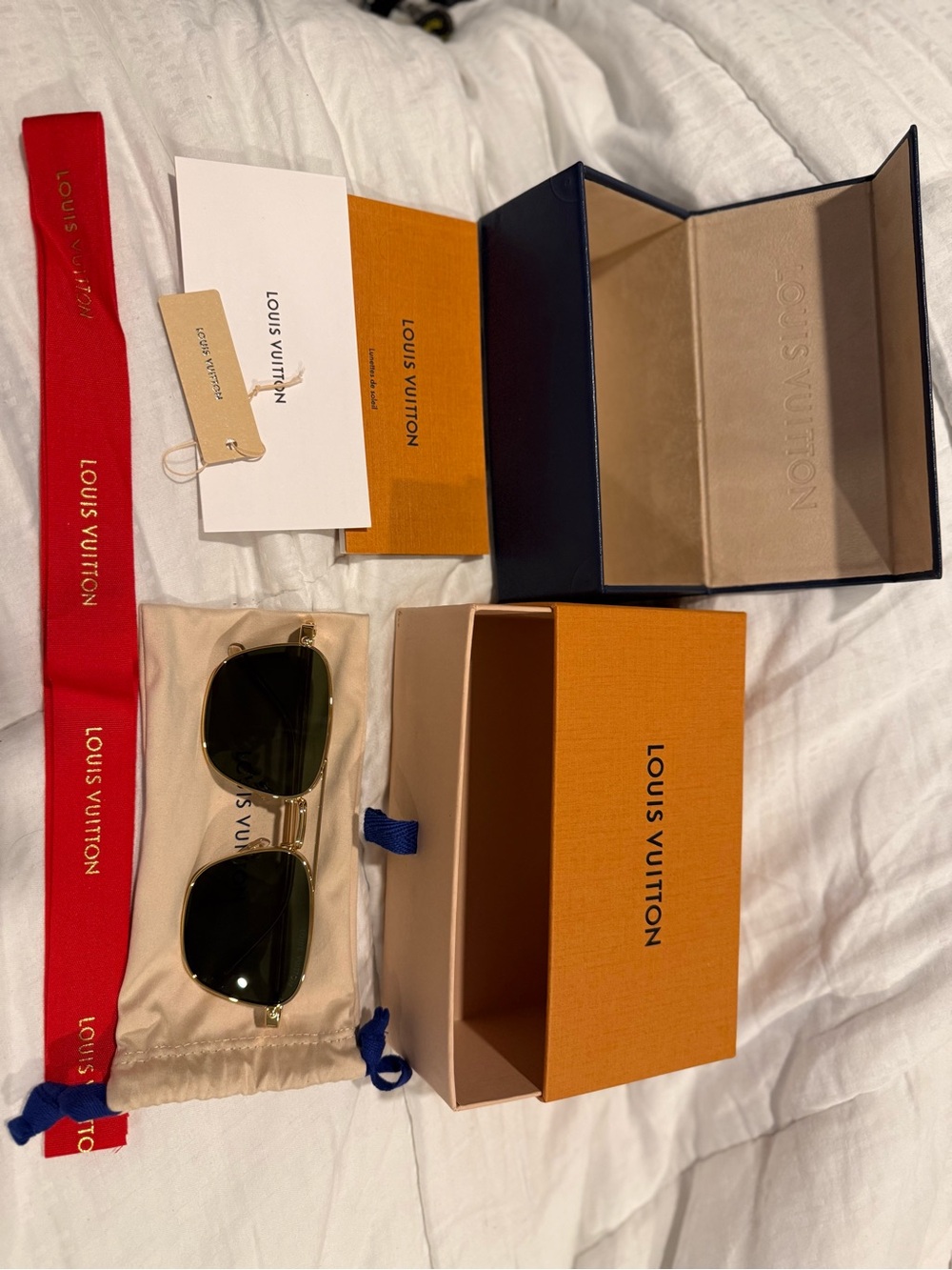 Louis Vuitton Gold Frame Sunglasses with Dark Green Lenses and Orange Box